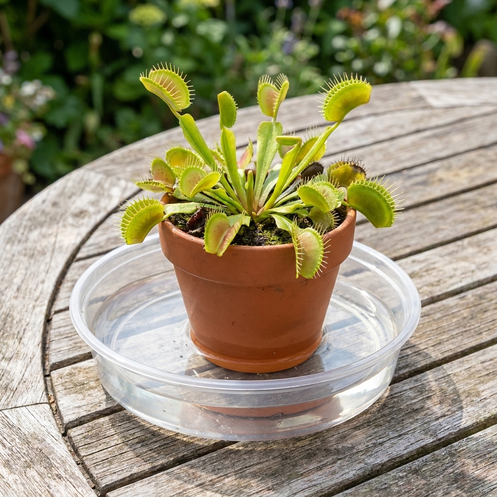 A Venus flytrap pot sitting in a shallow plastic tray partially filled with clear water, on an outdoor table in bright daylight, realistic photograph