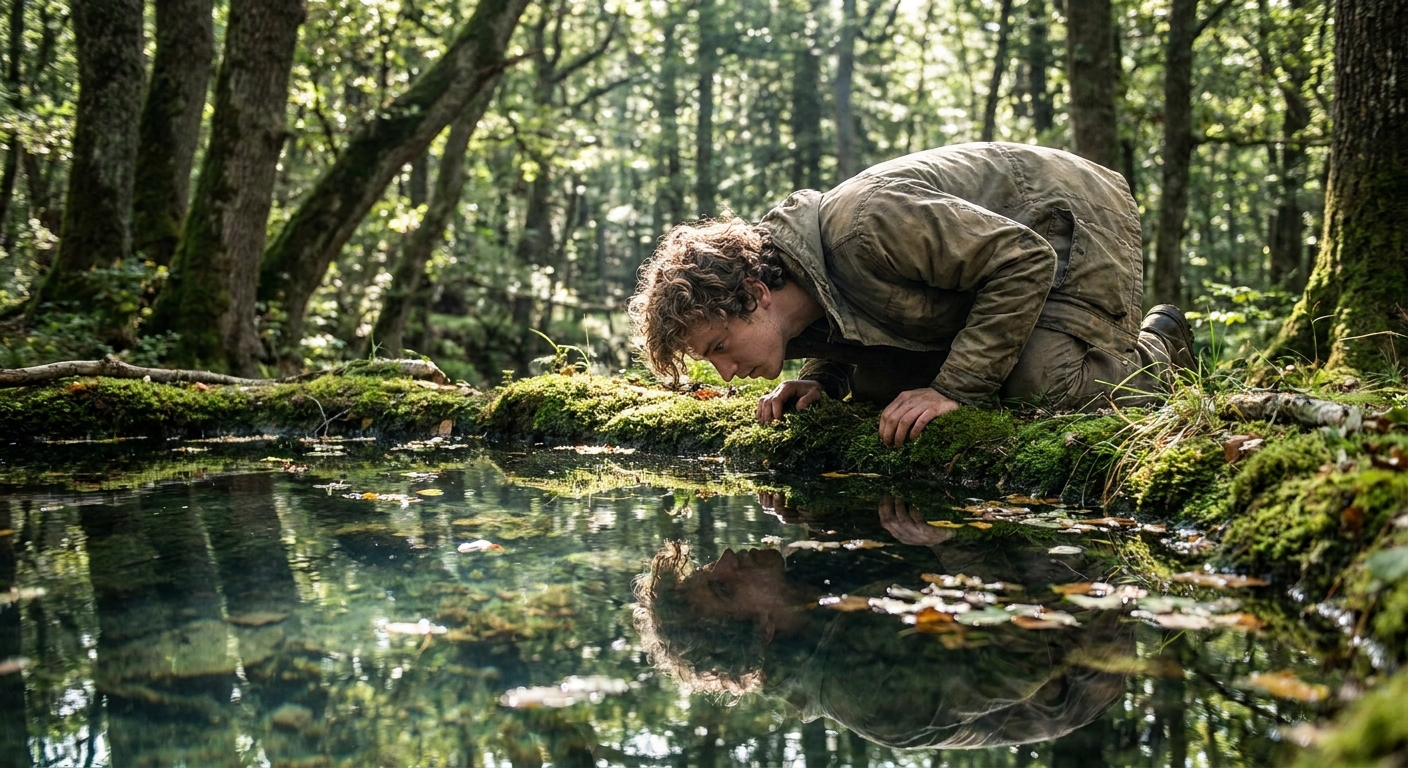 A beautiful young man in a sun-dappled forest kneeling at the edge of a clear pool, staring at his reflection, real-photo style