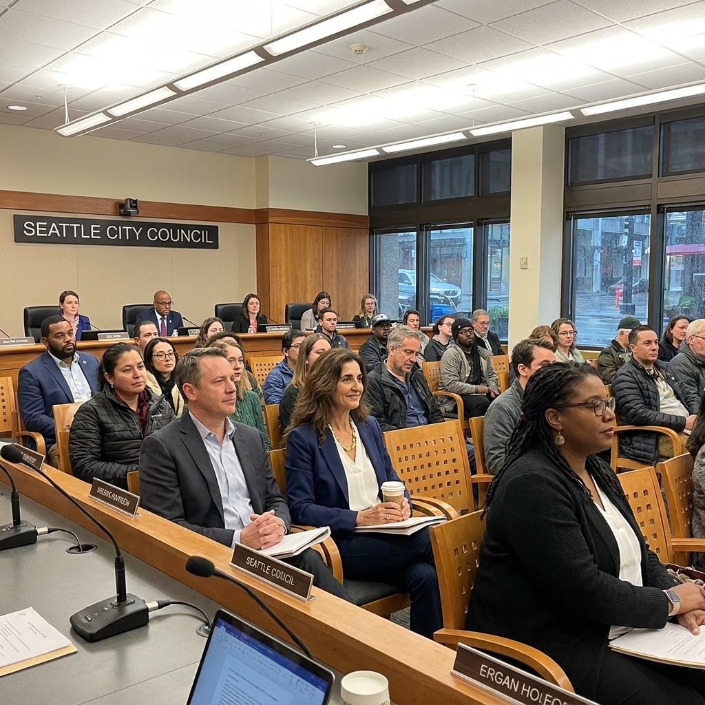 A candid photograph of a public meeting in a Seattle city government room, with residents seated in rows facing a panel at the front under bright indoor lighting