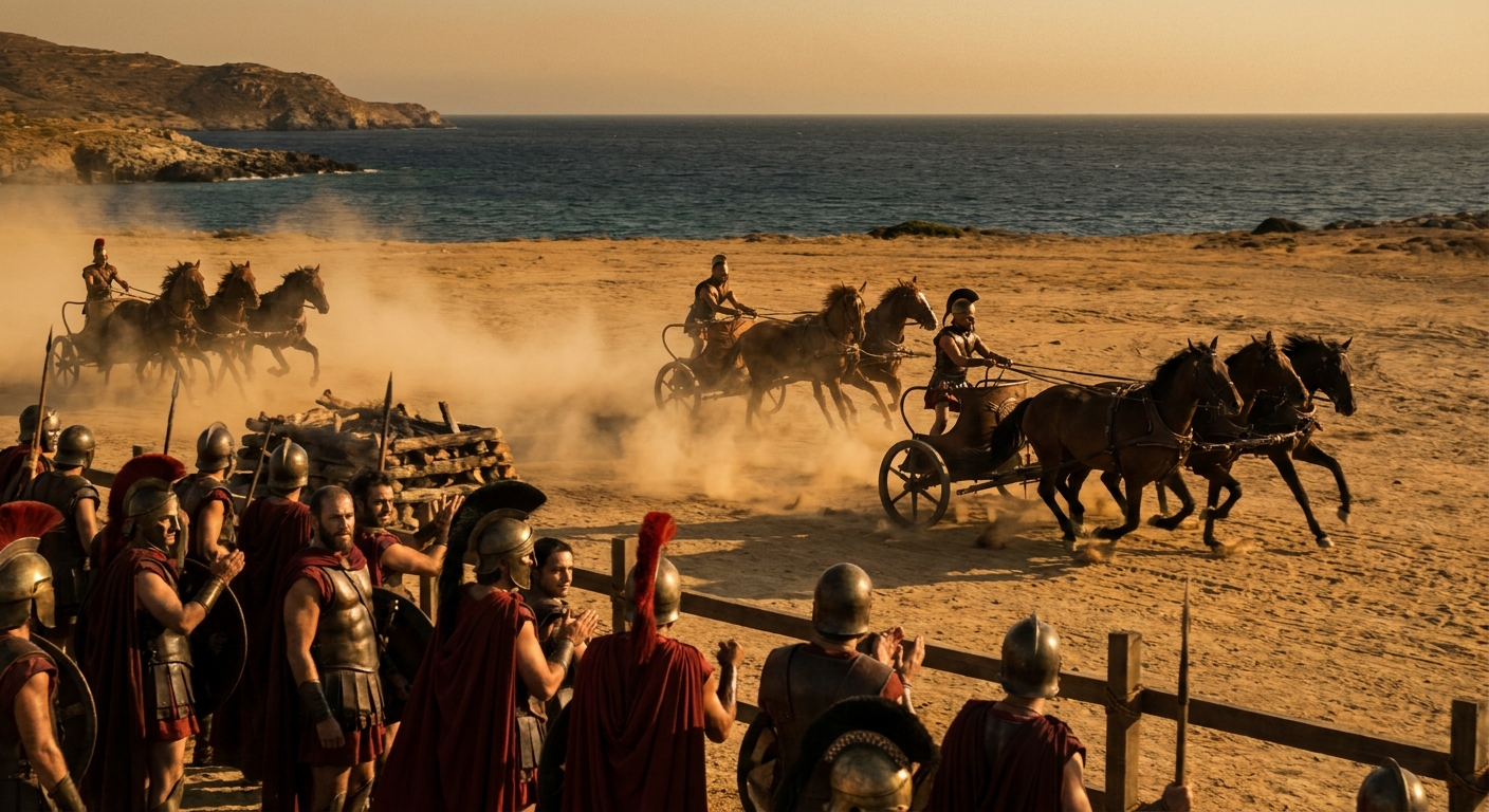 A chariot race during funeral games on a sandy plain near the sea, Greek warriors in bronze armor watching as horses kick up dust in golden light, solemn festive atmosphere, cinematic painterly realism