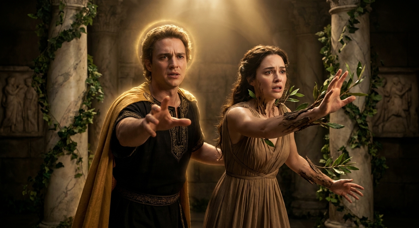 A cinematic, prestige-fantasy reimagining of Bernini’s Apollo and Daphne moment: Apollo, an adult god in flowing drapery with a sun-gold aura, reaches forward as Daphne’s body erupts into laurel bark and leaves, her eyes wide with urgent refusal, the scene framed like a museum-lit miracle with dramatic shadows and marble architecture behind