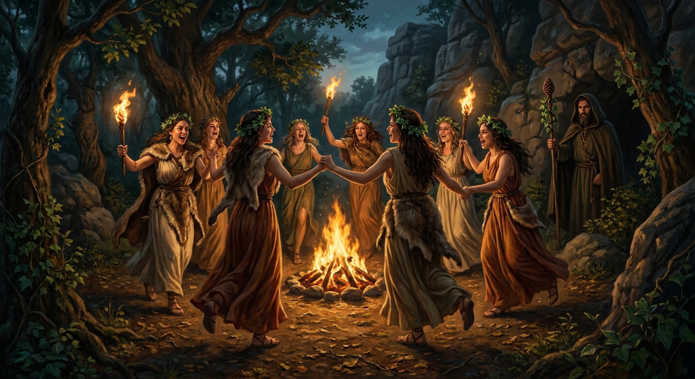 A circle of adult maenads in fawnskins and ivy wreaths dancing in a torchlit sacred grove on Mount Cithaeron, faces ecstatic and intense, with Dionysus watching from the shadows holding a thyrsus, cinematic dramatic light and realistic anatomy