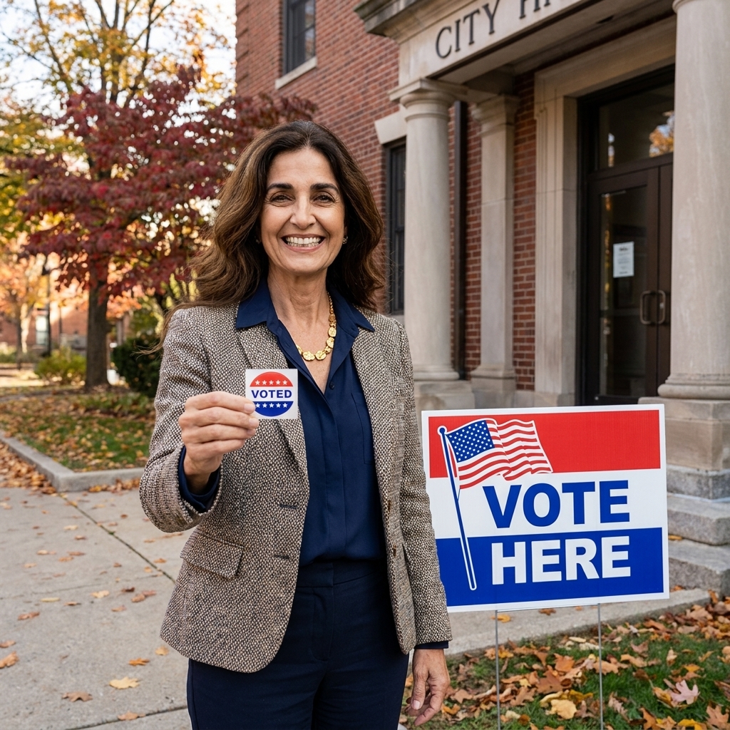 A city hall entrance with an official voting sign outside on a clear autumn day, civic photography style