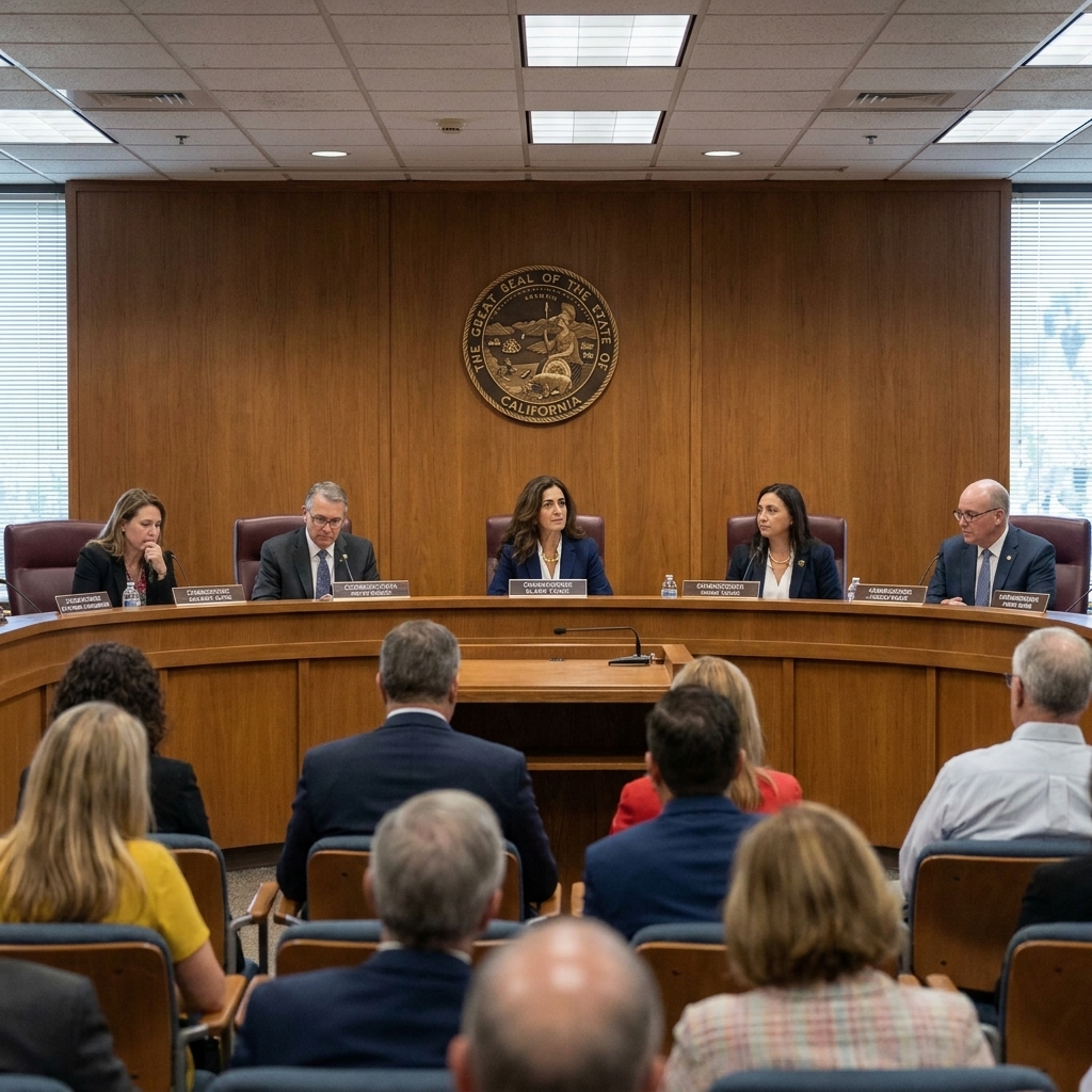 A commission meeting in Sacramento, California, with commissioners seated behind name placards as the public watches from rows of chairs, candid civic meeting photography