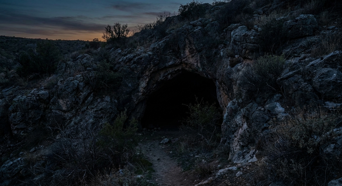 A dark cave entrance in a rocky hillside at dusk, rough stone, sparse shrubs, and a narrow path leading into shadow