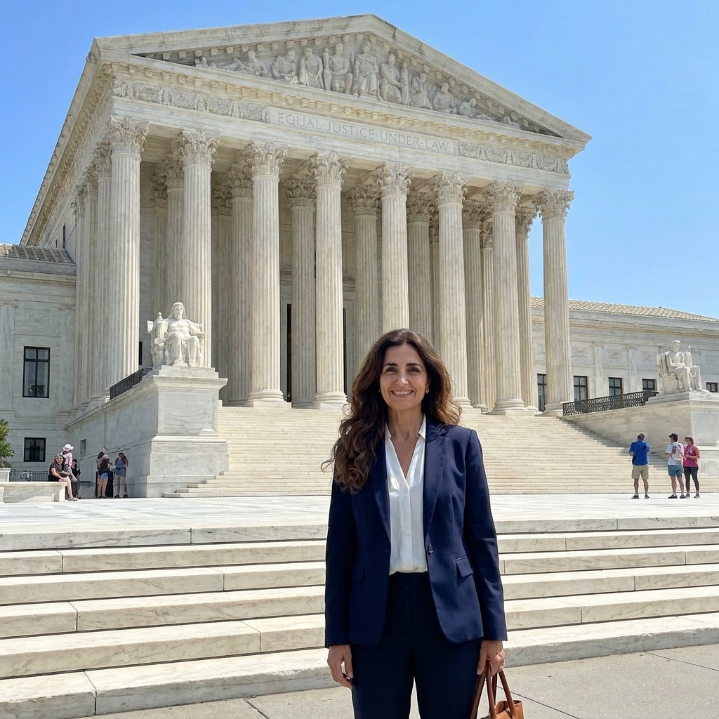 A daylight photograph of the United States Supreme Court building in Washington, DC, with broad marble steps and columns, taken from street level