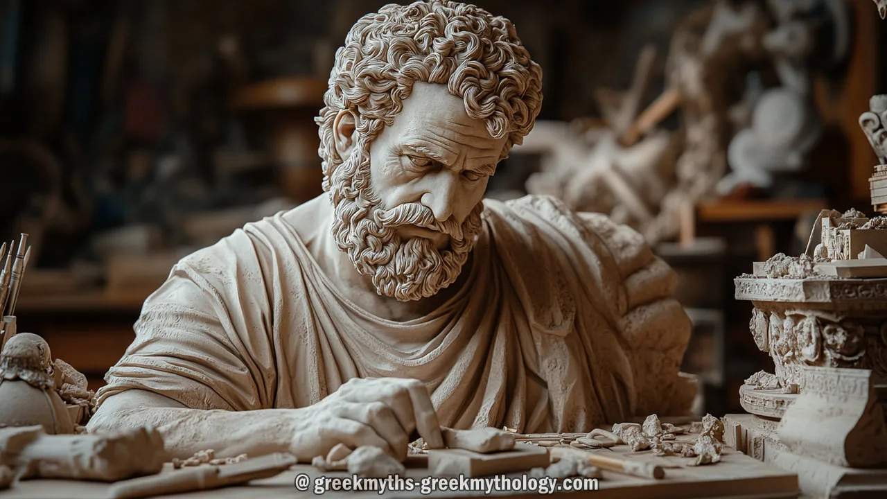A detailed illustration of Daedalus as an aging craftsman holding drafting tools beside intricate wooden mechanisms in a dim Cretan workshop.