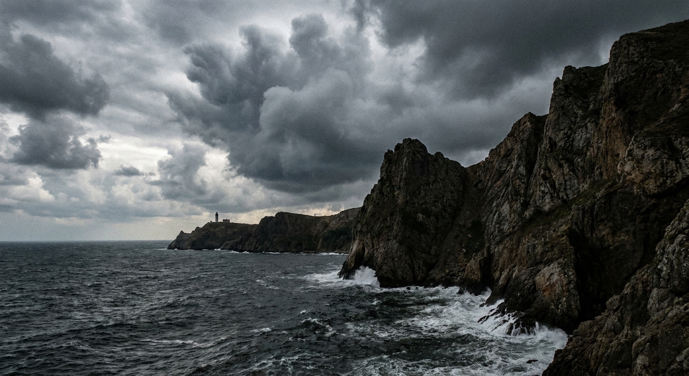 A dramatic Black Sea coastline with steep cliffs and dark water under heavy clouds, real-photography style