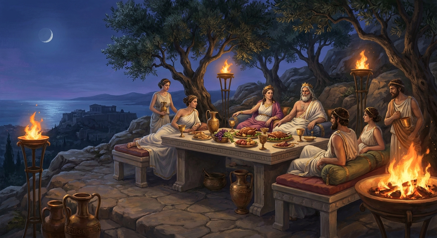 A lavish banquet table set outdoors at dusk on a Greek mountainside, with golden goblets, olive branches, and torchlight glowing against a darkening sky, realistic photography
