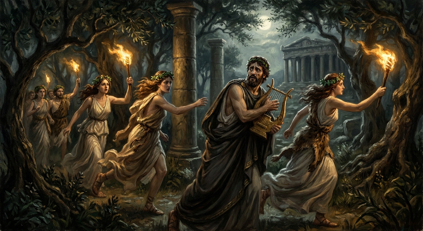 A moonlit sacred forest with adult Maenads in flowing ancient Greek garments and vine wreaths rushing in Dionysian frenzy toward Orpheus, who clutches his lyre in terror and sorrow, torchlight and shadows creating a dramatic, painterly scene