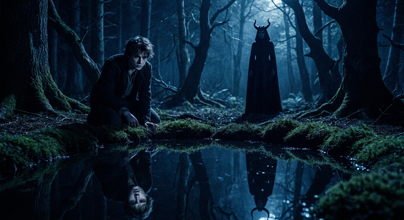 A moonlit woodland pool with perfectly still water reflecting a young man’s face, while a shadowy goddess figure stands at the edge watching, tense and ominous, realistic night photo style