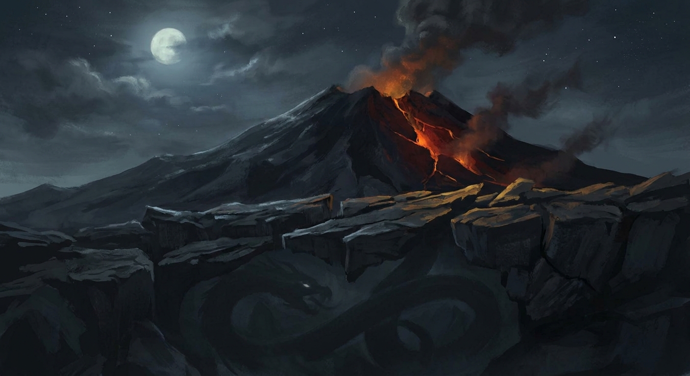 A night scene at Mount Etna with a cracked volcanic slope glowing red, smoke and ash rising into moonlight, and the faint colossal outline of a bound serpentine monster beneath fractured rock, suggesting Typhon’s trapped fury, cinematic painterly realism