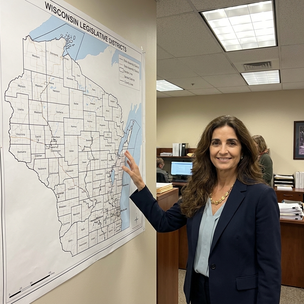 A photograph of a large wall-mounted Wisconsin legislative district map in a government office, with thin district boundary lines and counties visible under fluorescent lighting