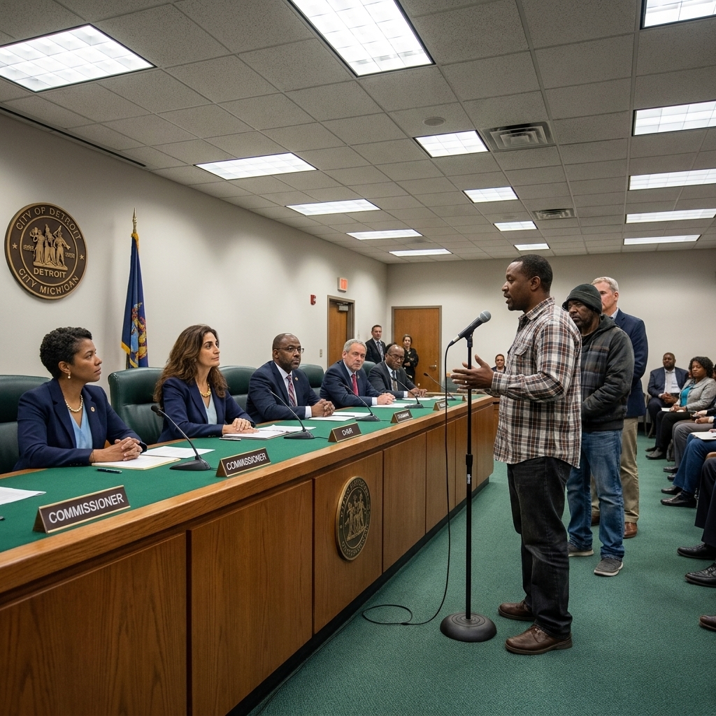 A public hearing in Detroit, Michigan, with community members lined up at a microphone and commissioners listening attentively at a long table under bright conference room lighting