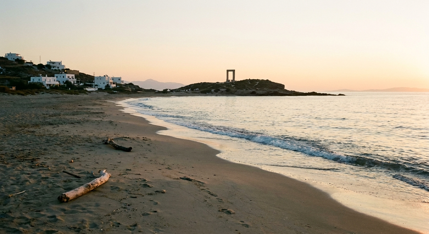 A quiet shoreline on Naxos, Greece at dawn with gentle waves and an empty stretch of sand, real-photography style