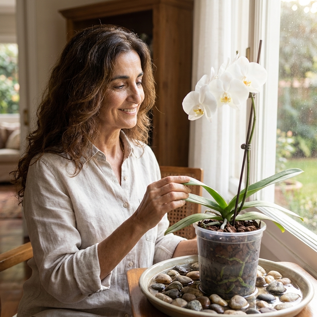 A real photograph of a Phalaenopsis orchid in a clear pot sitting on a pebble humidity tray near a window, soft daylight, home interior