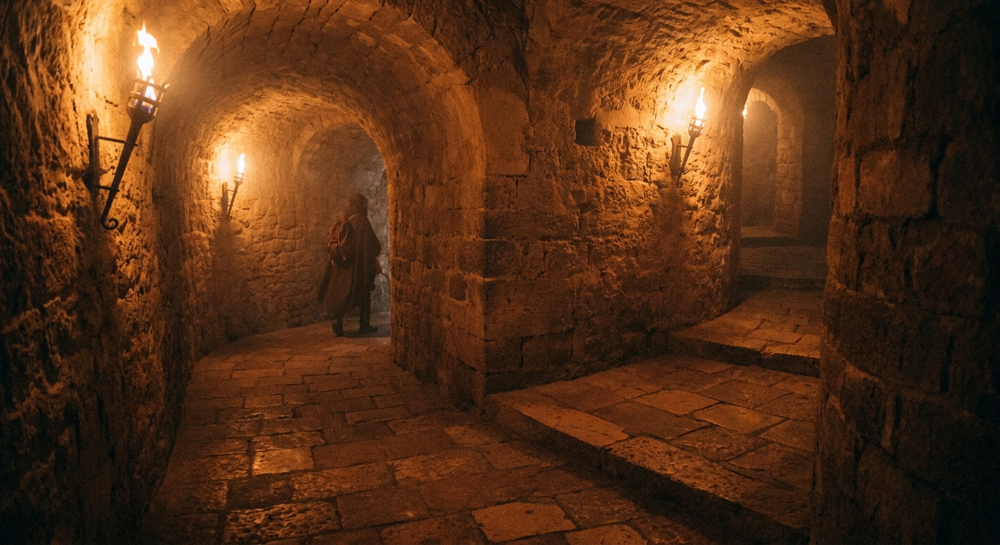 A real photograph of a dim stone corridor with tight turns and torch-like warm lighting in an ancient Mediterranean-style structure, evoking a labyrinth interior