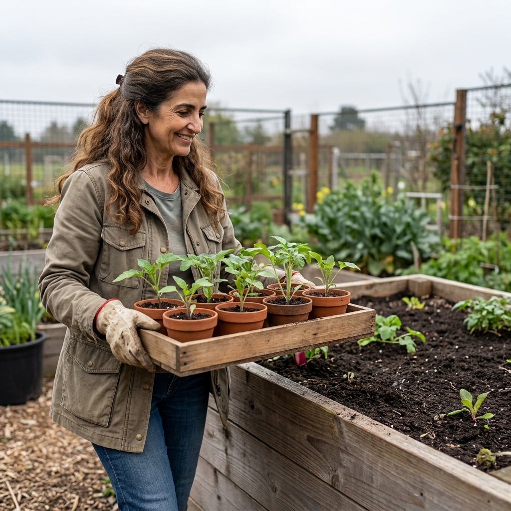 A real photograph of a gardener carrying small pots of hardened-off seedlings toward a wooden raised garden bed on an overcast day