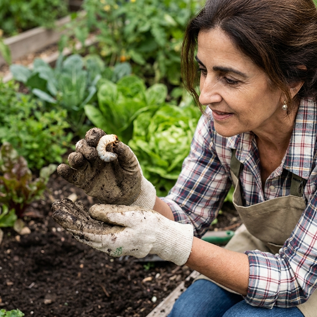 A real photograph of a gardener wearing gloves holding a white C-shaped grub above a freshly dug garden bed with dark soil and leafy plants in the background