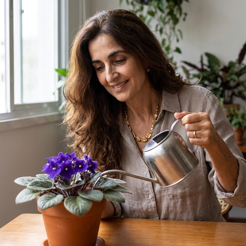 A real photograph of a person carefully watering the soil of an African violet with a small watering can, avoiding the fuzzy leaves