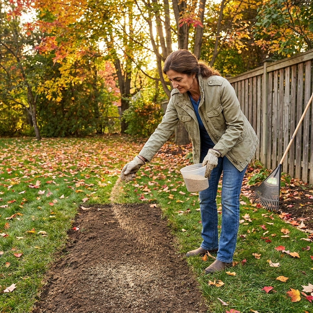 A real photograph of a person hand-spreading grass seed over a raked bare patch in a backyard lawn during early fall