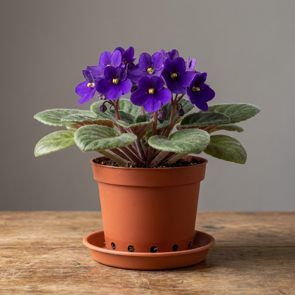 A real photograph of an African violet growing in a small plastic pot with visible drainage holes, sitting on a simple plant saucer