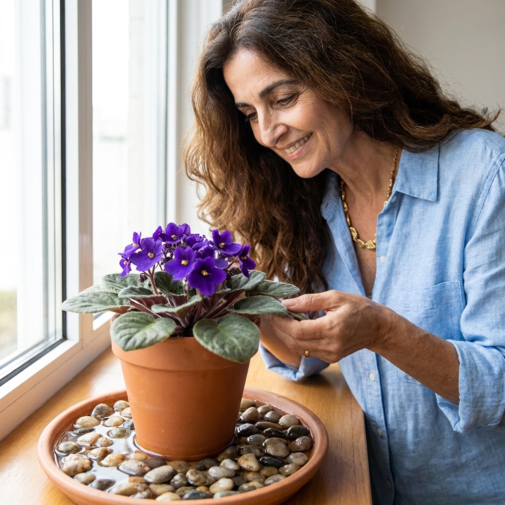 A real photograph of an African violet in bloom sitting on a pebble tray with water beneath the pebbles near a bright window
