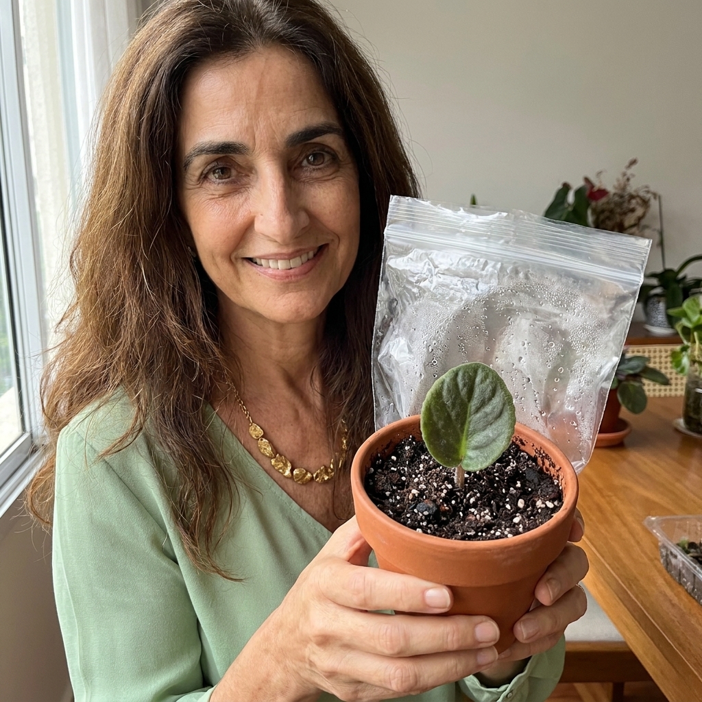 A real photograph of an African violet leaf cutting planted in a small pot of moist mix, covered loosely with a clear plastic bag for humidity