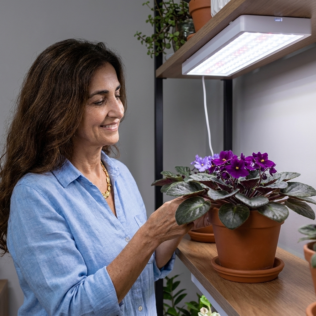 A real photograph of an African violet with healthy green leaves and purple blooms sitting on a plant shelf under a white LED grow light