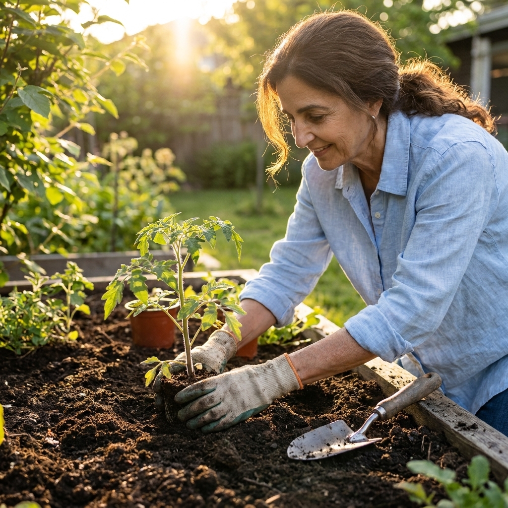 A real photograph of hands placing a hardened-off tomato seedling into moist garden soil in a backyard bed, with evening light and a small trowel nearby