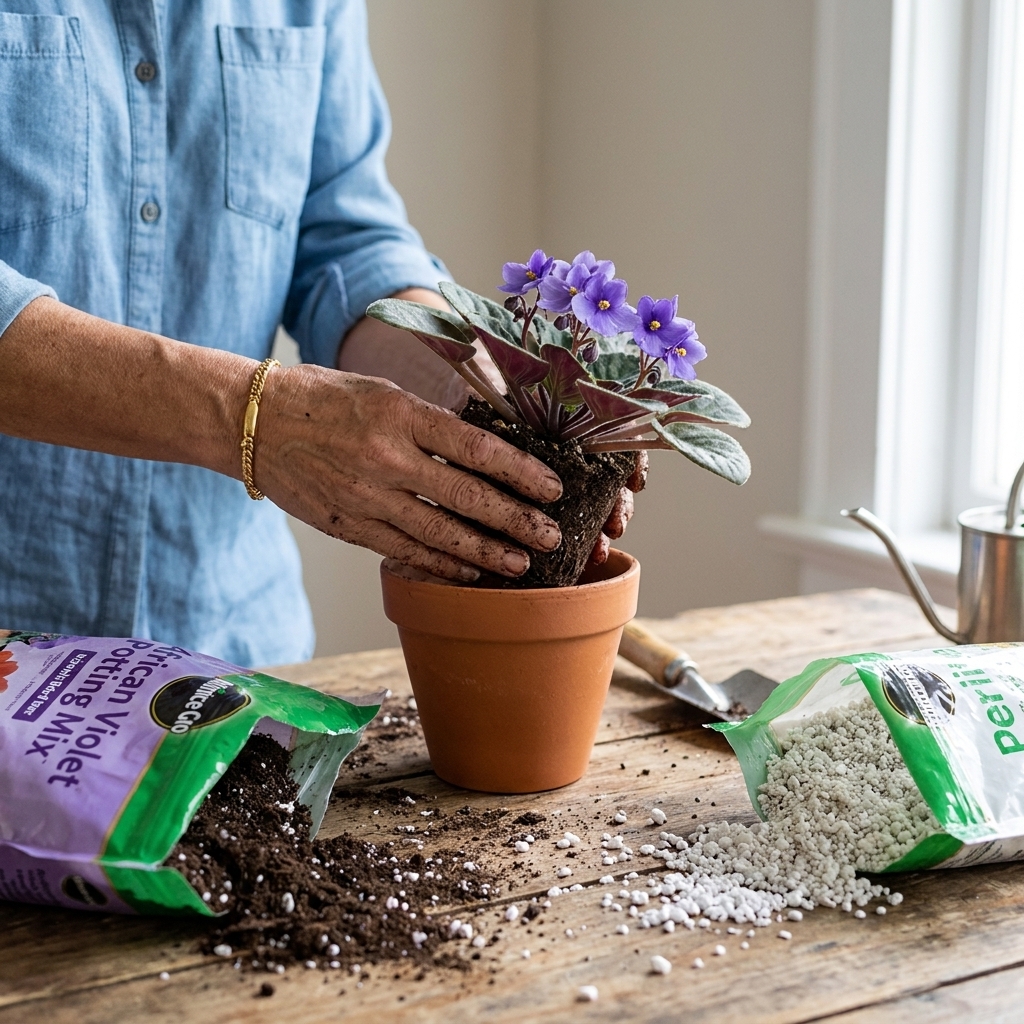 A real photograph of hands repotting an African violet on a table, with fresh African violet potting mix and perlite visible nearby