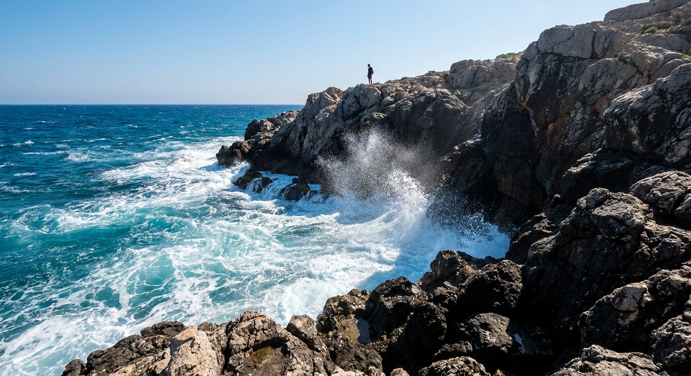 A real photograph of waves crashing against a steep rocky sea cliff under bright midday sun in the Aegean region, conveying the peril of falling into open water