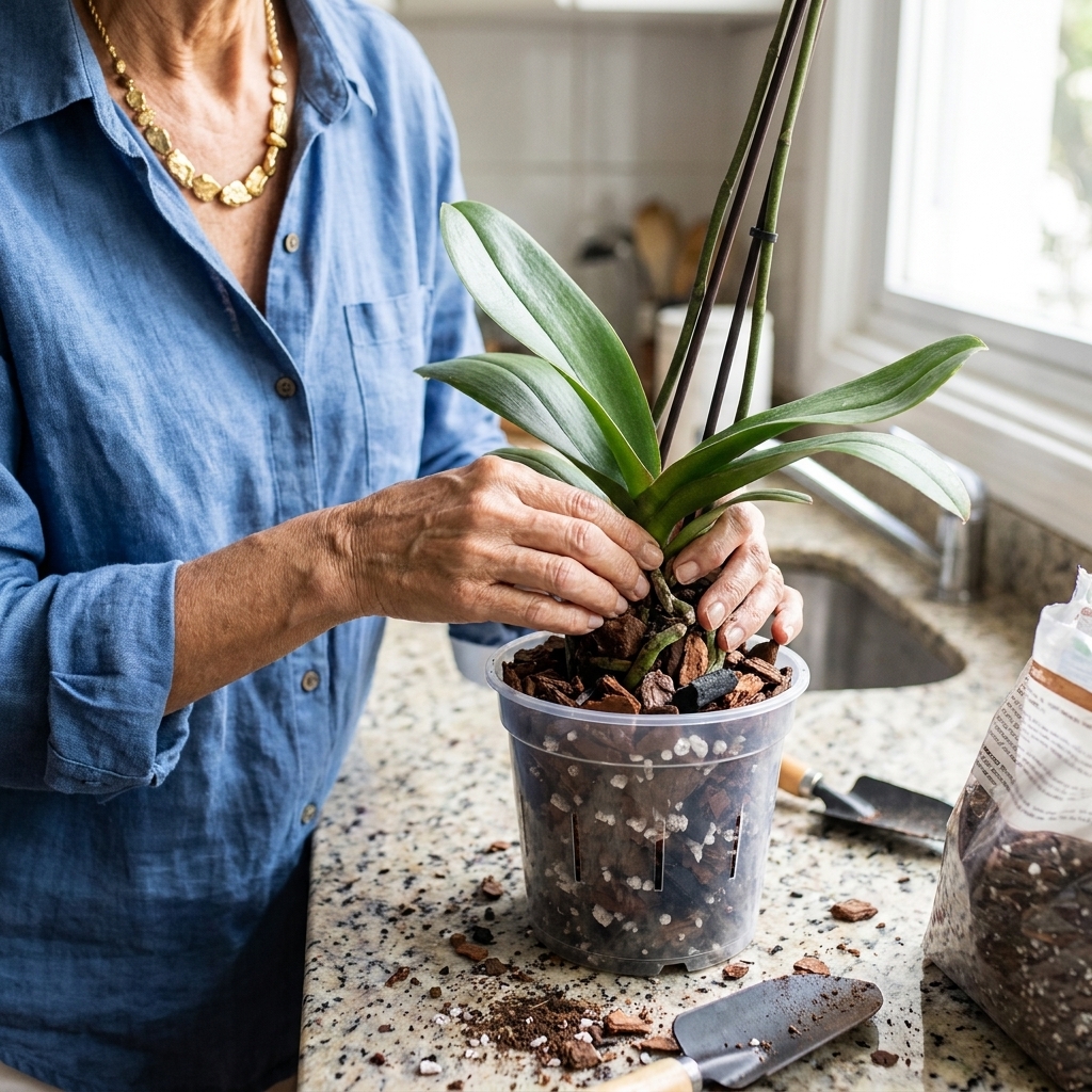 A realistic photograph of hands repotting a Phalaenopsis orchid into a clear orchid pot with chunky bark mix on a kitchen counter