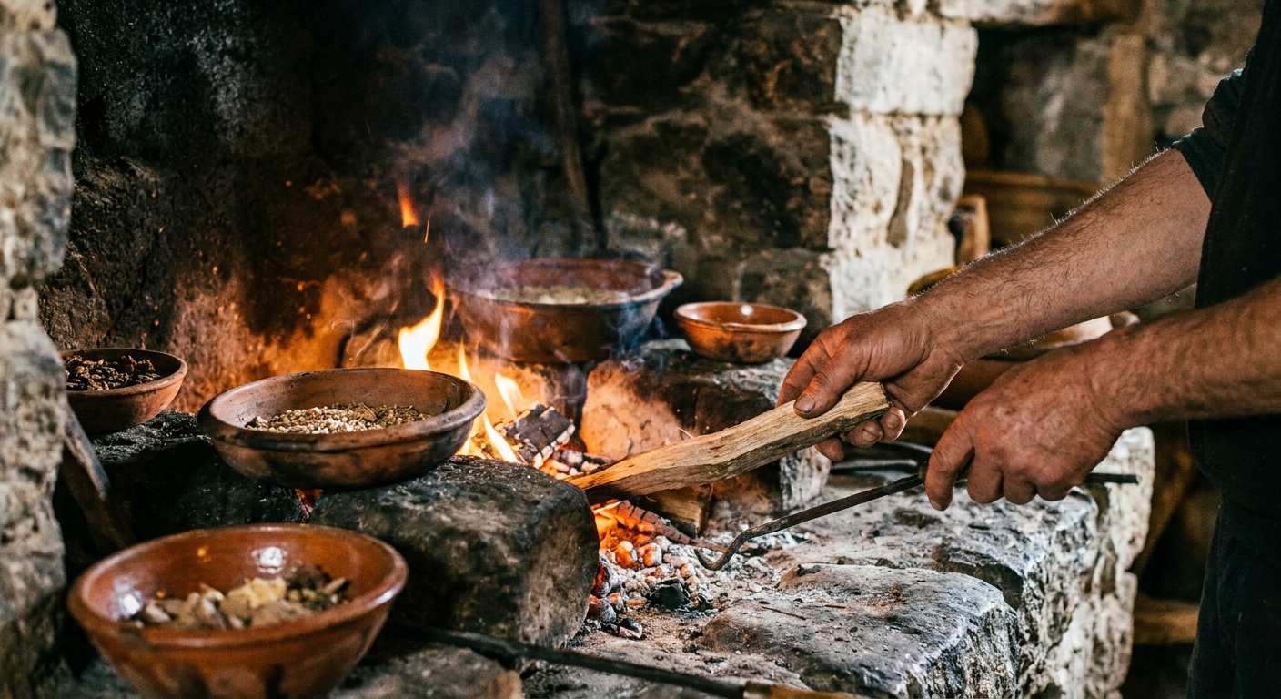 A realistic photograph-style close-up of human hands tending a small hearth fire inside a stone dwelling, warm light reflecting off rough clay bowls and soot-darkened stones