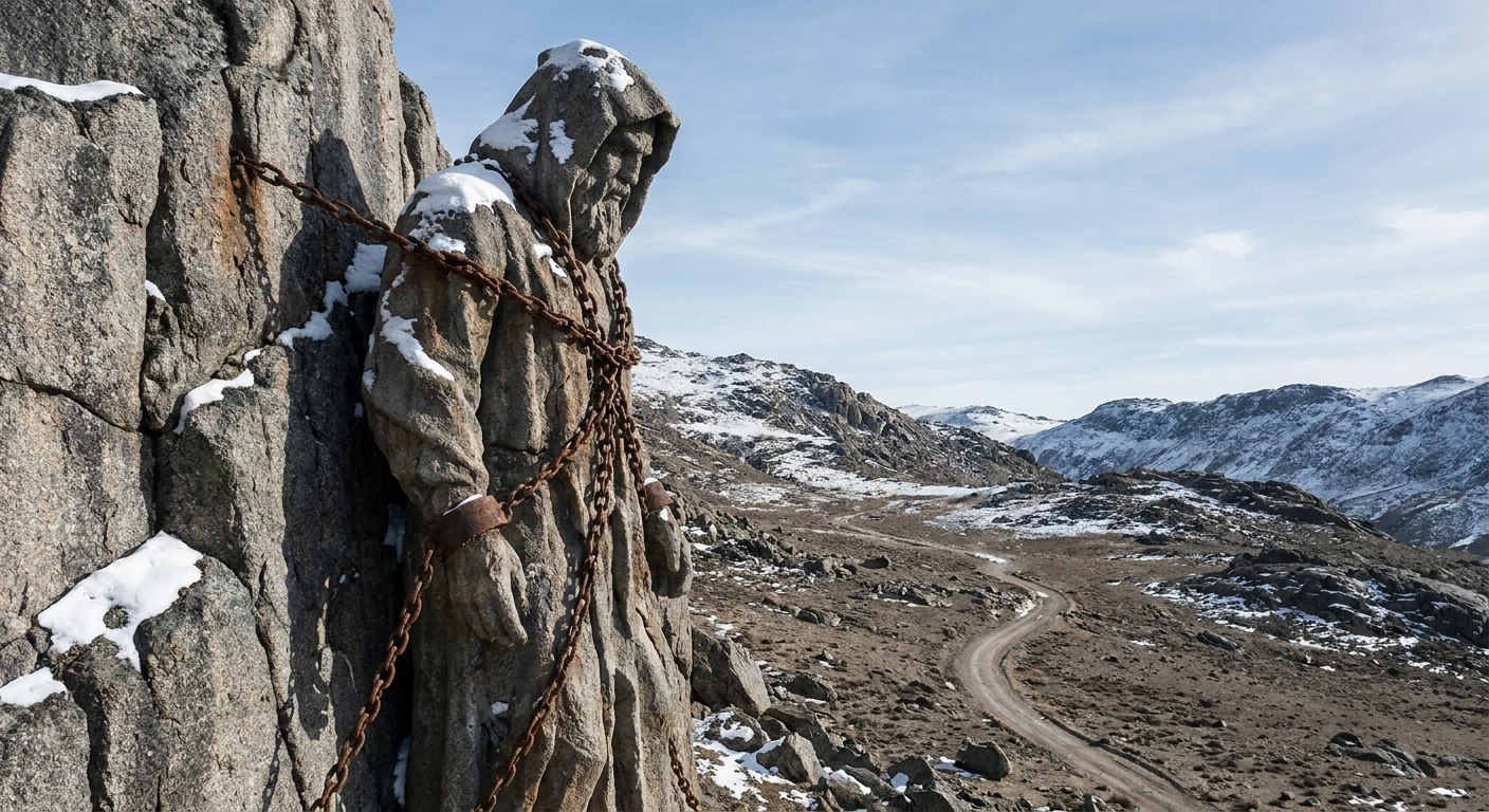 A realistic photograph-style scene of a chained Titan-like figure bound to a cliff on a remote, snow-dusted mountain range under harsh daylight, emphasizing isolation and punishment