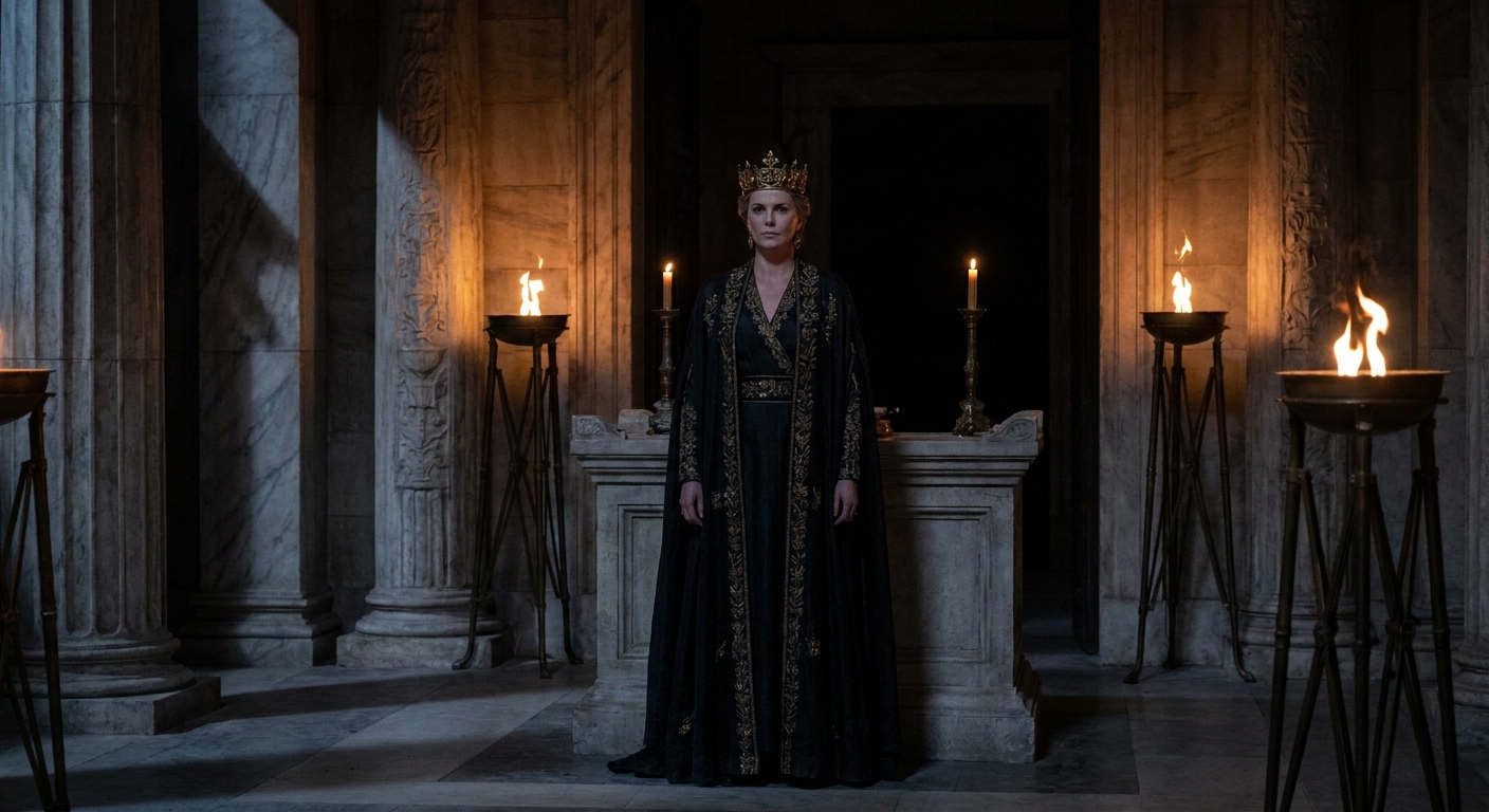 A regal goddess in a shadowed marble temple, wearing a crown and dark robes, her expression cold and controlled as torchlight glows on carved columns, dramatic sacred interior photography style
