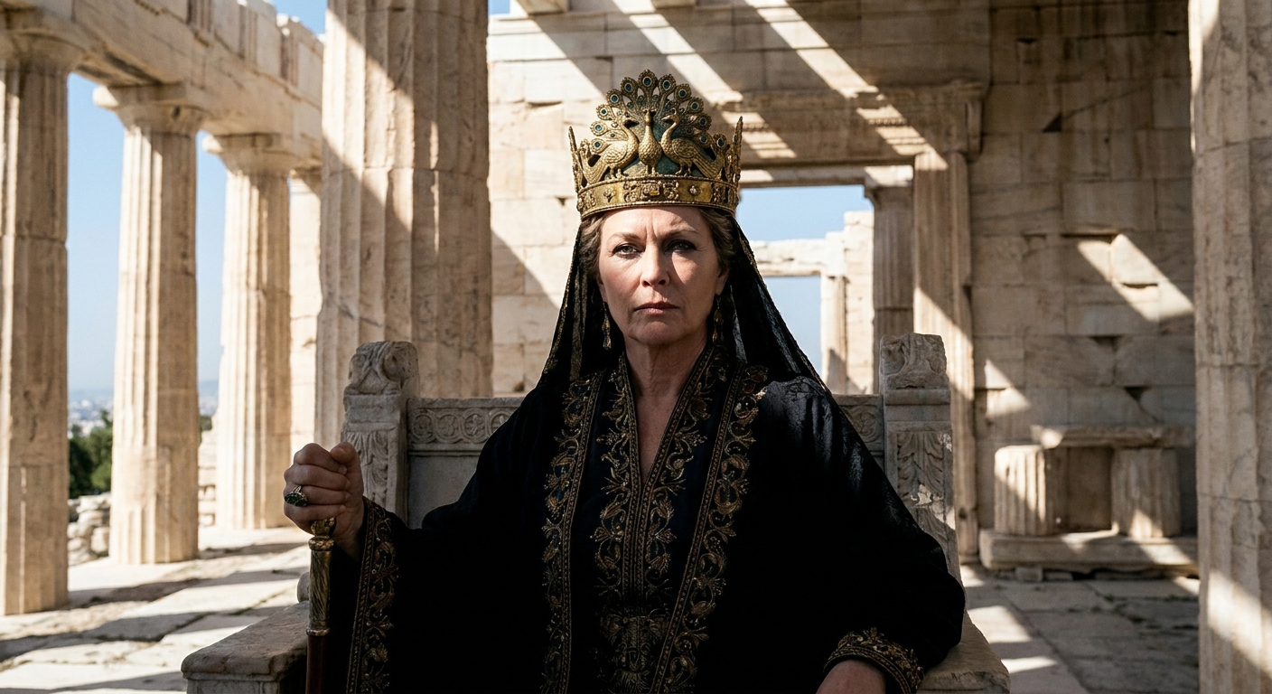 A regal woman posed like the goddess Hera inside an ancient marble temple, wearing a crown and looking stern in dramatic natural light, real-photo style