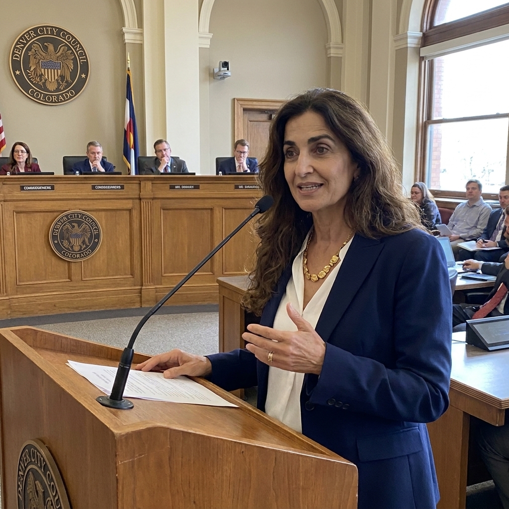 A resident giving public testimony in Denver, Colorado, speaking at a podium in a government auditorium while commissioners listen at a raised desk