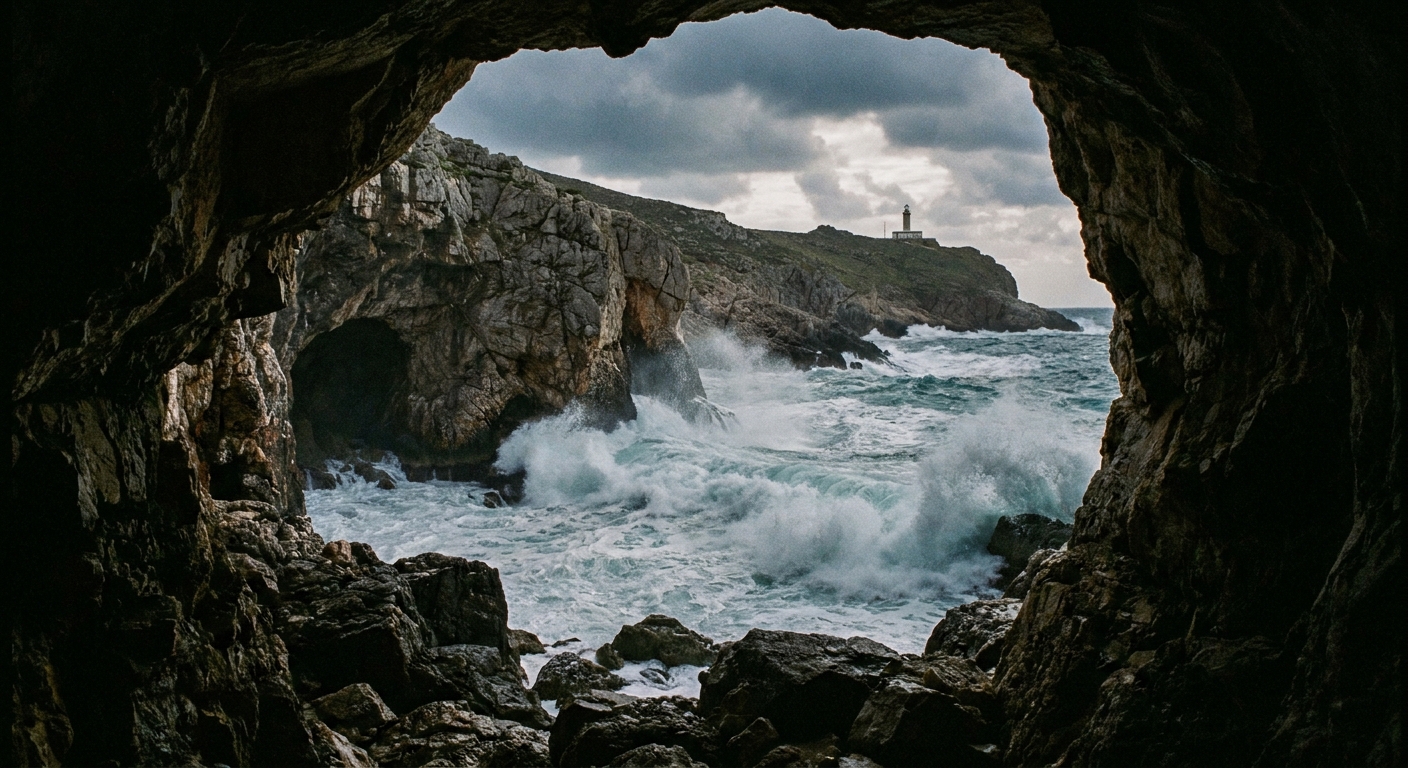 A rocky sea cave entrance at Cape Matapan in Greece with waves breaking outside, moody real-photography style