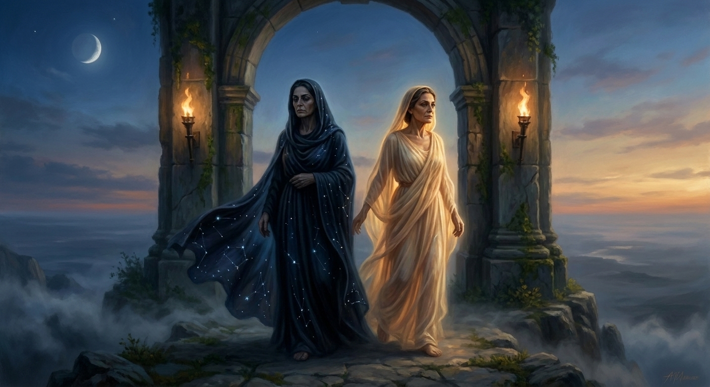 A shadowy ancient Greek threshold at the edge of the world where Nyx and Hemera pass one another, one figure made of night-dark veils and stars, the other softly radiant like dawn, a massive stone doorway with torchlight fading, cinematic painterly realism