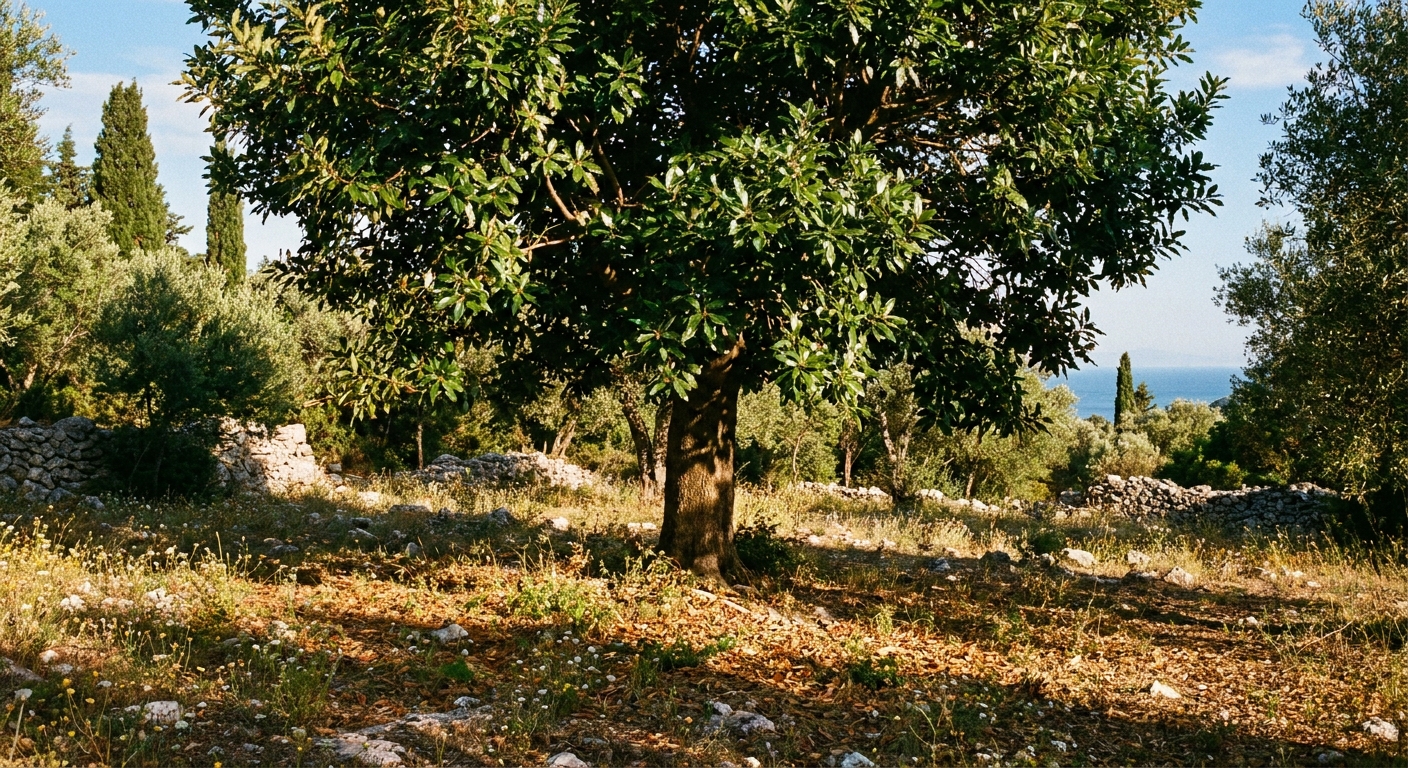 A single laurel tree in a sunlit Mediterranean grove with glossy green leaves and dappled shadows, real-photography style