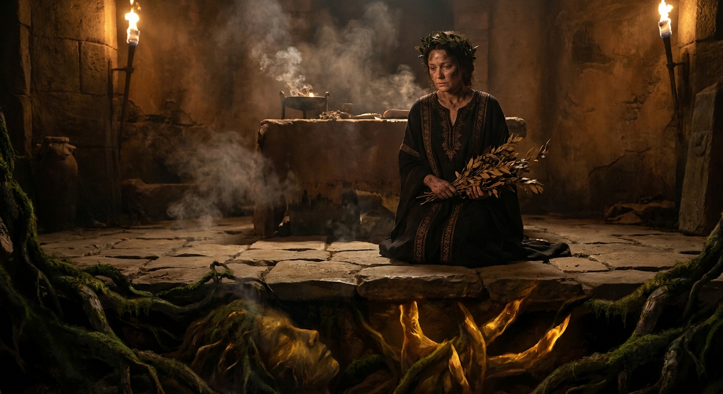 A solemn priestess at an ancient stone sanctuary with laurel and incense, Gaia suggested as a vast presence in the earth and roots beneath the temple floor, warm torchlight and drifting smoke, painterly cinematic realism, prestige fantasy film still