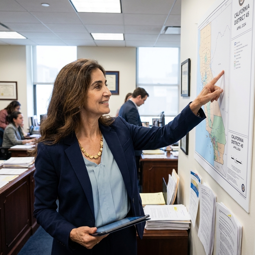 A staffer standing near a wall display showing a US House district map in an office setting in April 2024, editorial photography style