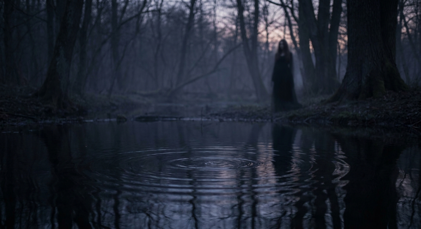 A still woodland pool at twilight with ripples spreading across dark water, a distant shadowy feminine figure standing among trees as if watching judgment unfold, moody cinematic photography style