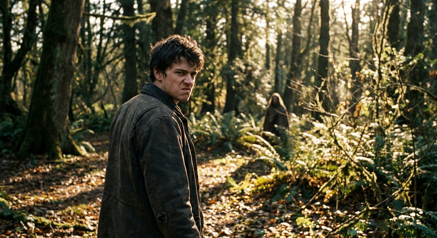 A striking young man in a sun-dappled forest clearing turning away with a disdainful expression, while a faint figure is partially hidden behind leaves in the background, cinematic natural light photography style