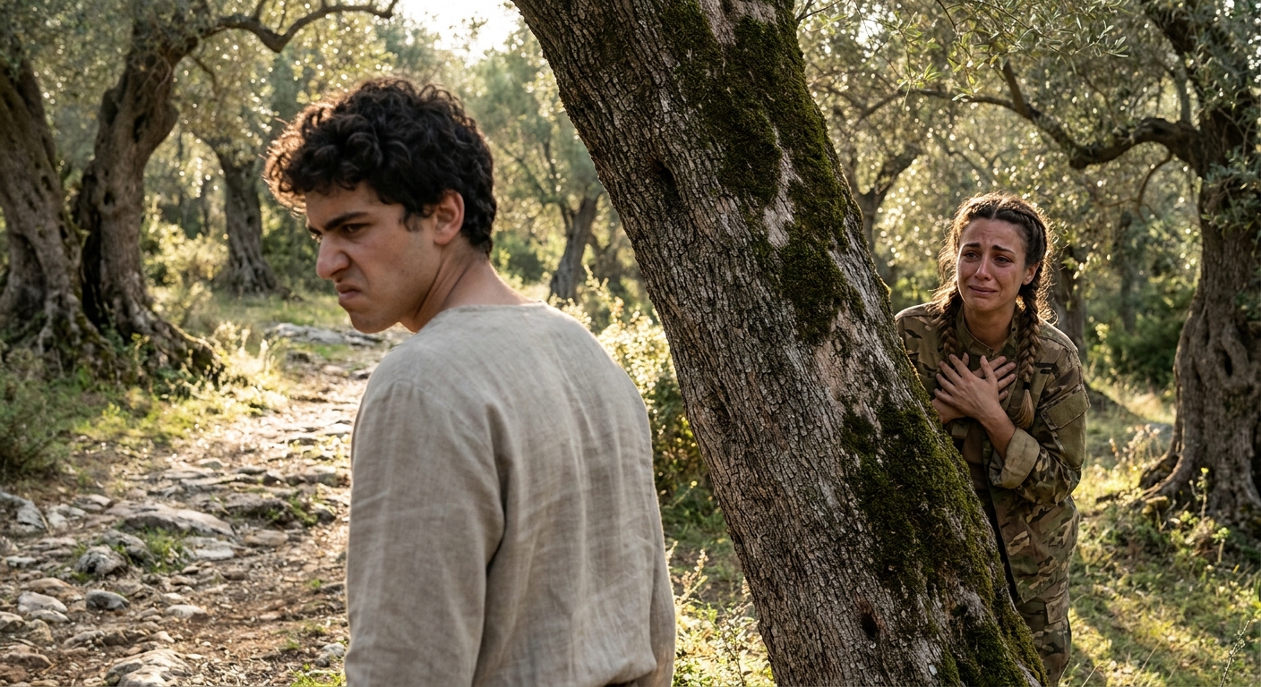 A strikingly beautiful young man in a sun-dappled Greek woodland turning away in disdain, while a hidden nymph watches from behind a tree, tense and heartbroken, realistic photo style