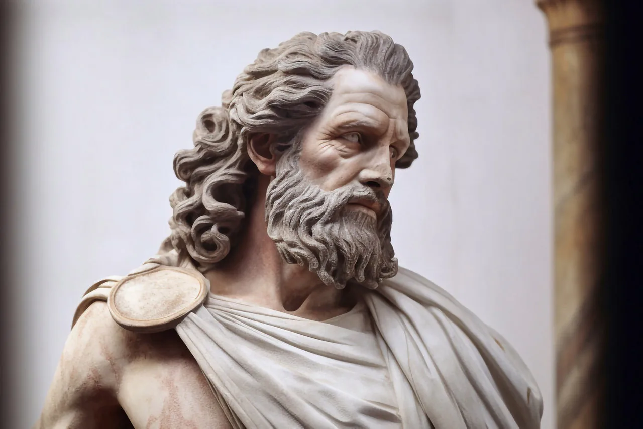 A symbolic scene showing Daedalus looking back over his shoulder at a shadowy figure or stain trailing him, suggesting guilt and consequences.