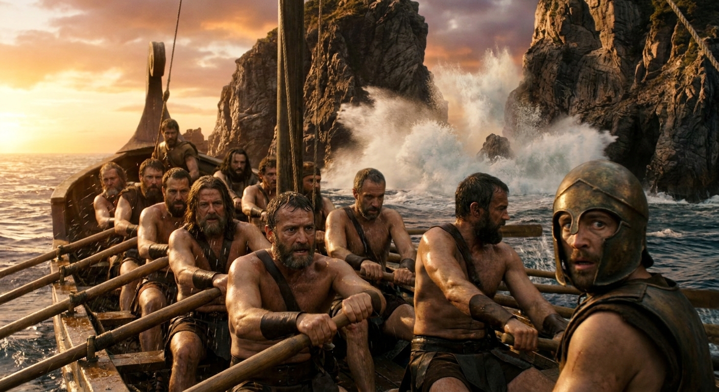A tense moment on the Argo as adult Greek heroes strain at oars while towering sea cliffs crash together behind them, white surf exploding in golden sunset light, faces slick with sweat and fear