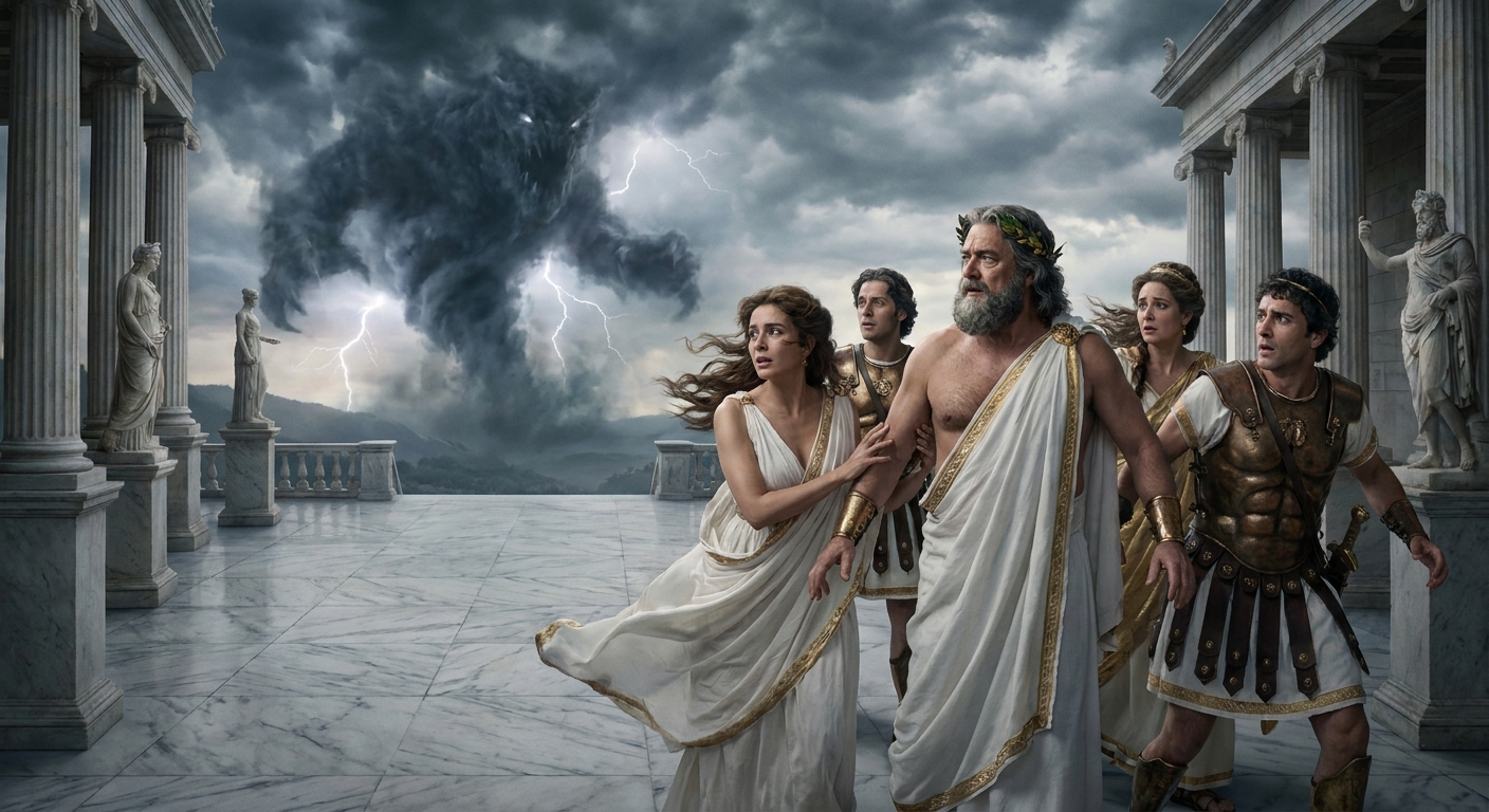 A tense scene on a marble terrace of Olympus as Zeus and several adult Olympian gods recoil from a distant towering storm monster, wind whipping white and gold robes, laurel wreaths and bronze armor catching lightning, fear and urgency on their faces, cinematic painterly realism