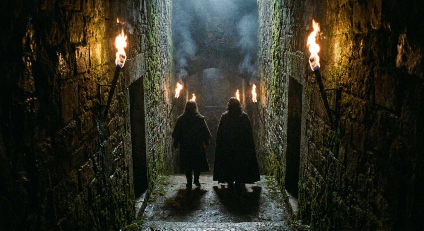 A torchlit stone corridor descending underground, with two shadowy human figures walking away from the camera in silence, dramatic low light photograph